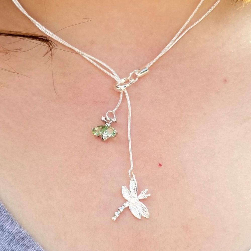 Sterling Silver Peridot Bee & Dragonfly Lariat Necklace, August Birthstone